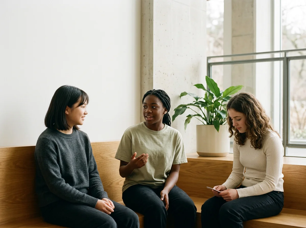 Three teenage girls sitting together, with one looking down at her phone