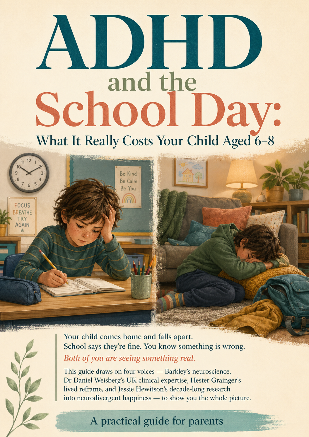 Cover of a booklet titled "ADHD and the School Day: What It Really Costs Your Child Aged 6-8" featuring children showing stress at home and at school, with a clock and motivational signs in the background.
