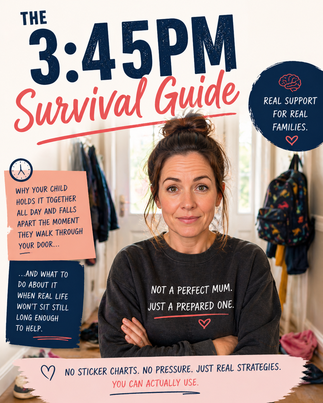 Mother with arms crossed, standing in a foyer. Text overlay promotes a survival guide for real families, addressing parenting challenges. Bright natural lighting and a few backpacks hanging in the background.