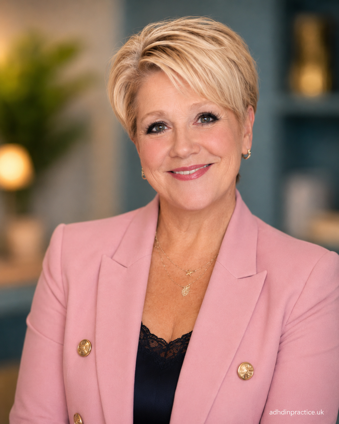 A smiling middle-aged woman with short blonde hair, wearing a pink blazer, layered necklaces, and earrings, standing in a well-lit room with a blurred background.