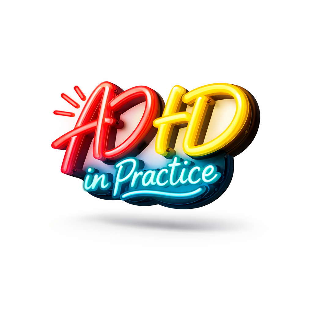 Neon sign that says 'ADD in Practice' with colorful, glowing letters on a white background.