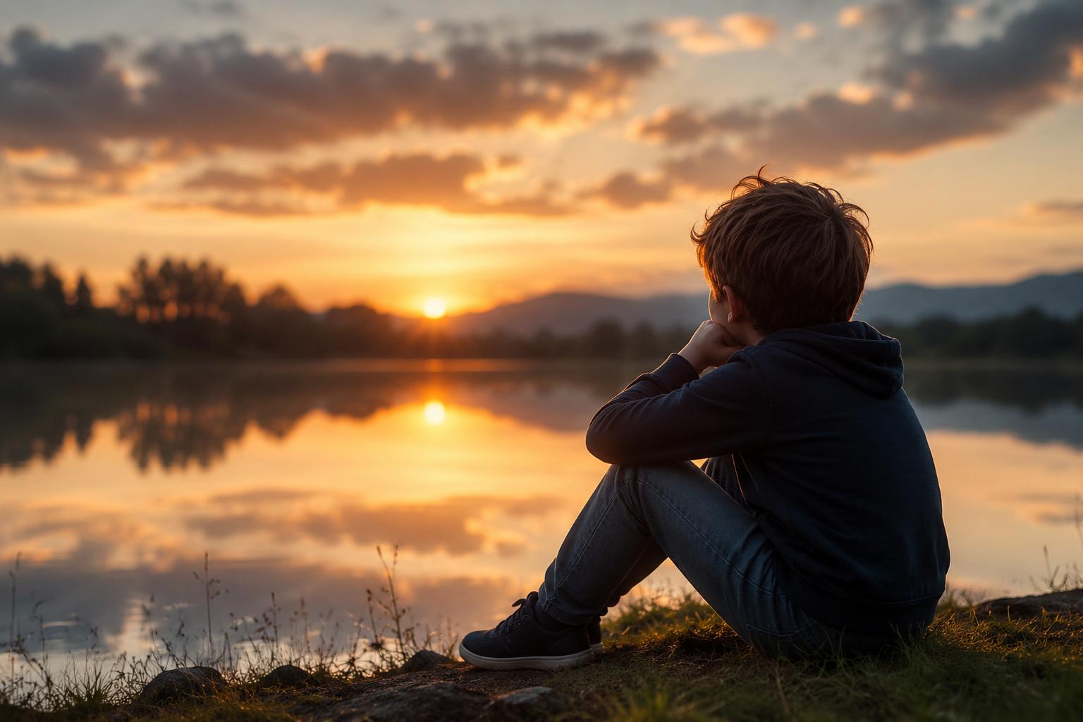 A young boy sitting by a lake during sunset, gazing at the horizon.