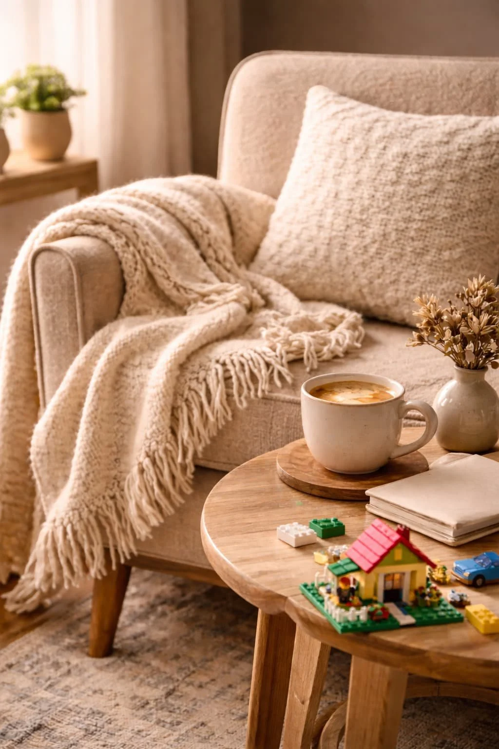 cozy couch with cup of coffee and legos