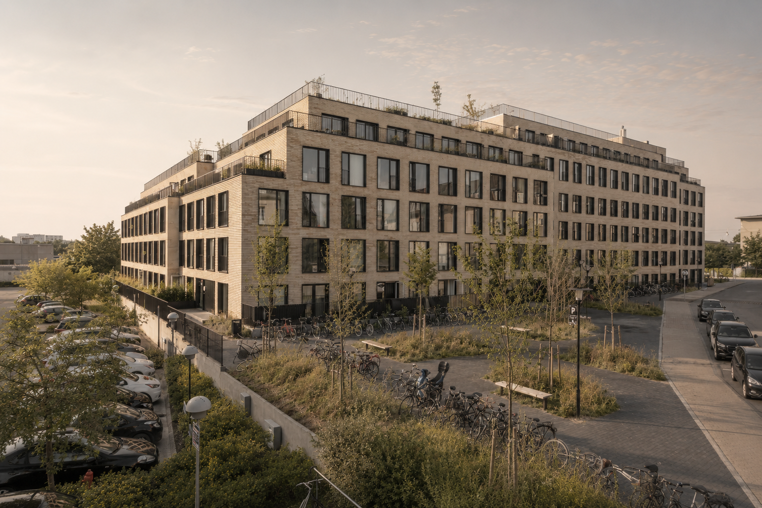 Moderne flerfamiliehus med mange vinduer, omgivet af parkeringspladser, cykelstier og beplantning i Danmark.