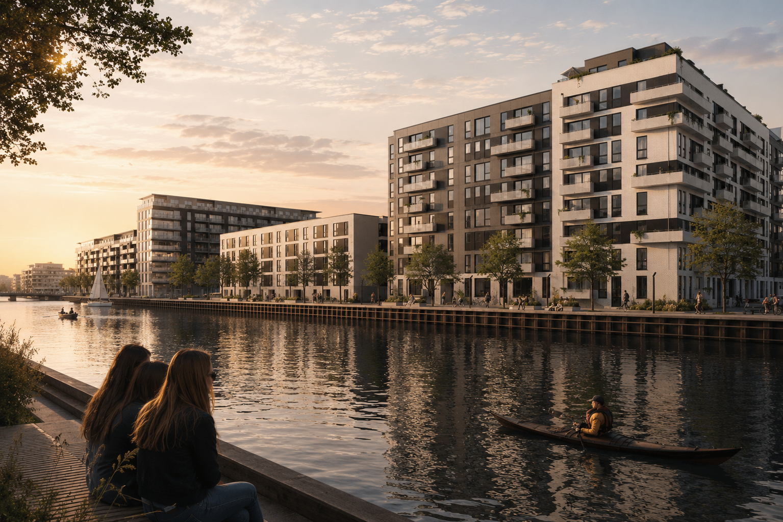 Tre unge kvinder sidder ved en kanal, mens en person sejler i kano. Modernistiske boligbyggerier ligger langs kanalen, og træer er plantet langs fortovet. Det er skumring med en varm solnedgang.