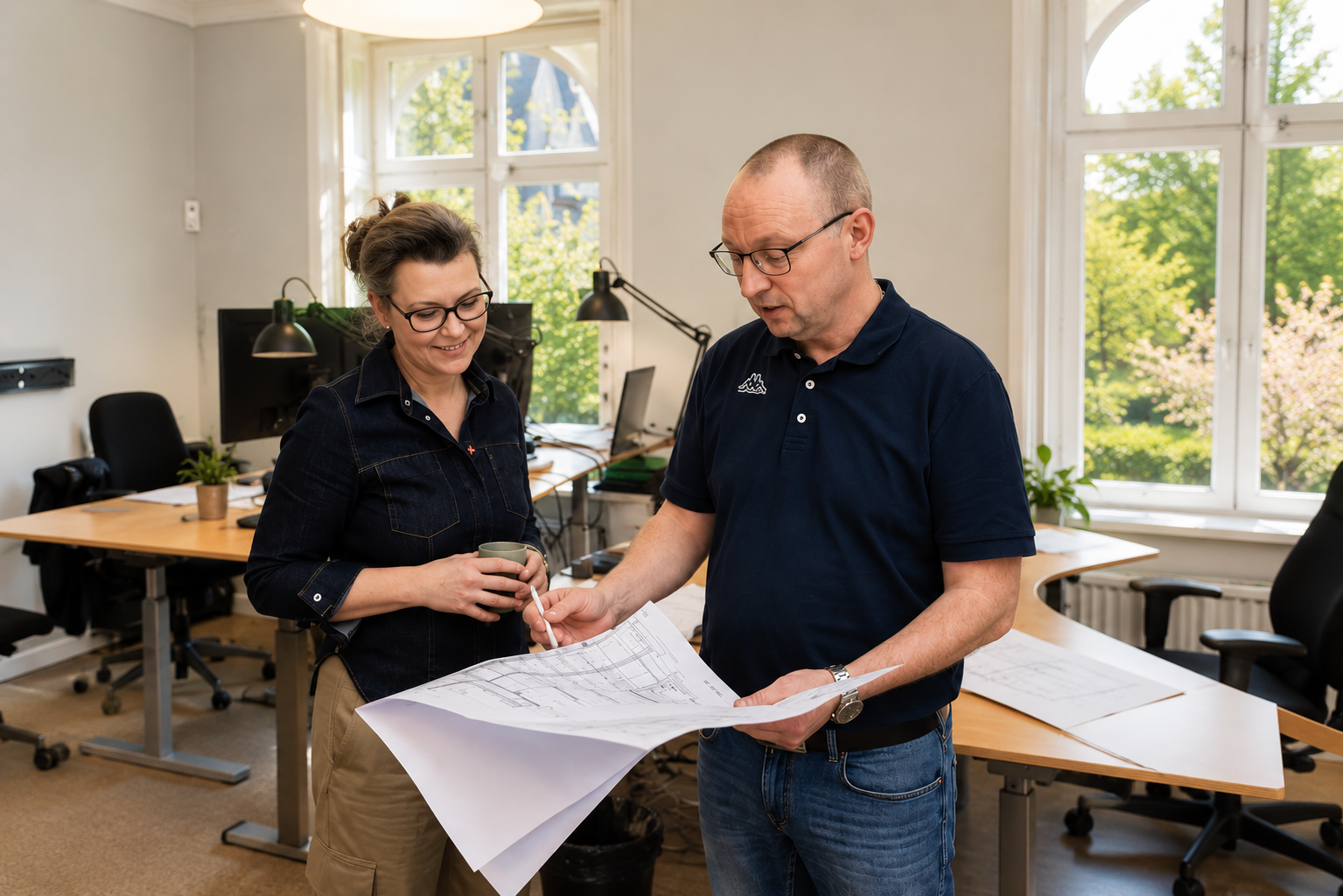 To personer står i et kontormiljø og gennemgår en arkitekttegning. Den ene person holder et krus, mens de ser på planerne.