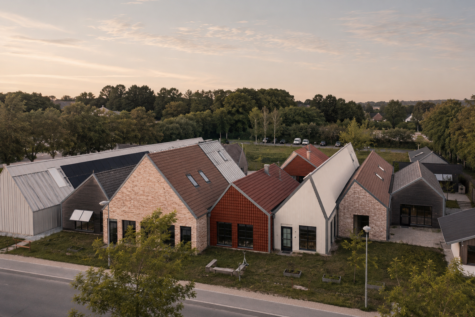 Farverige huse med forskellige tagtyper i en forlovet boligområde med grønne træer i baggrunden ved solnedgang.
