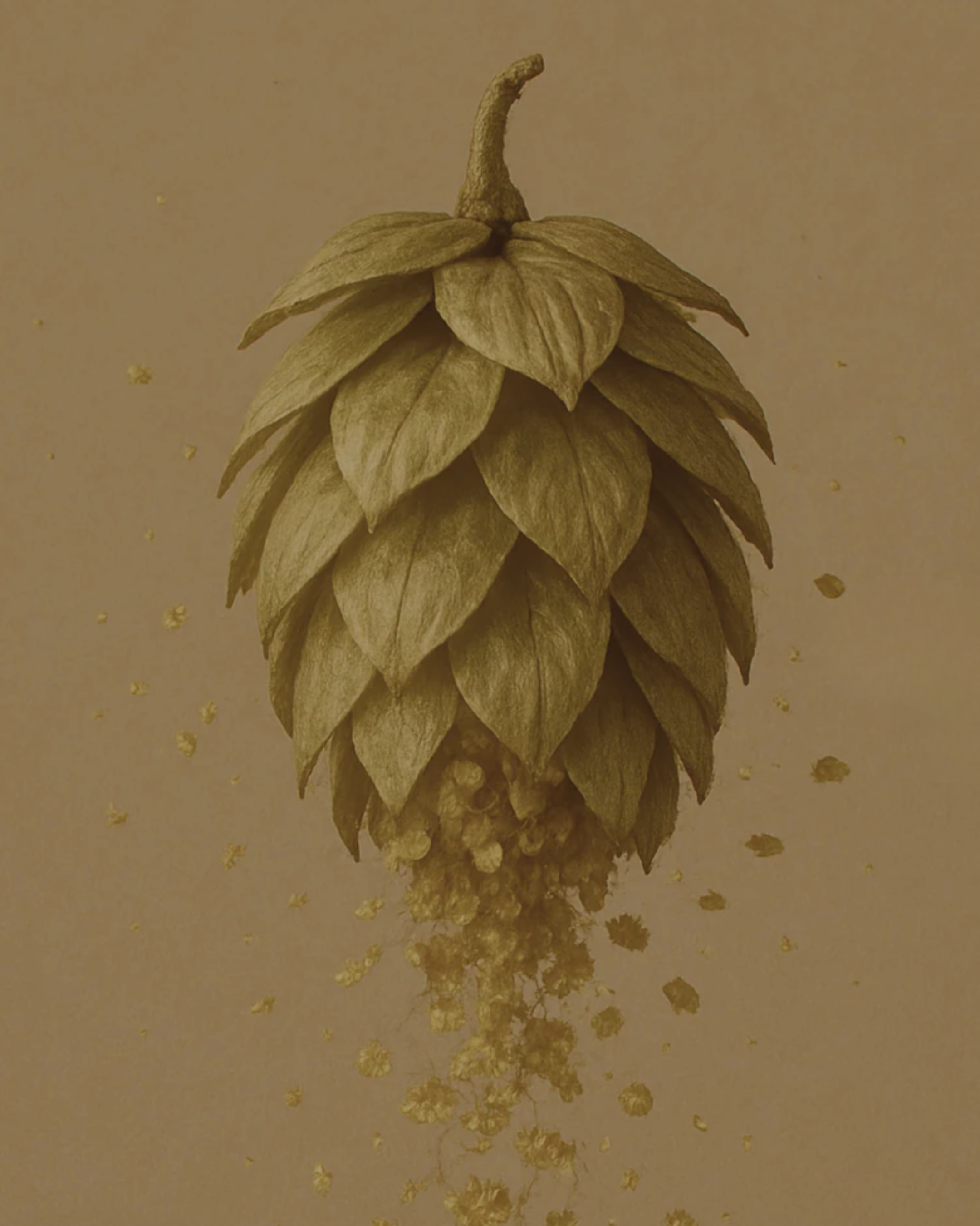 Close-up of a dried hop cone with scattered hop seeds around it.