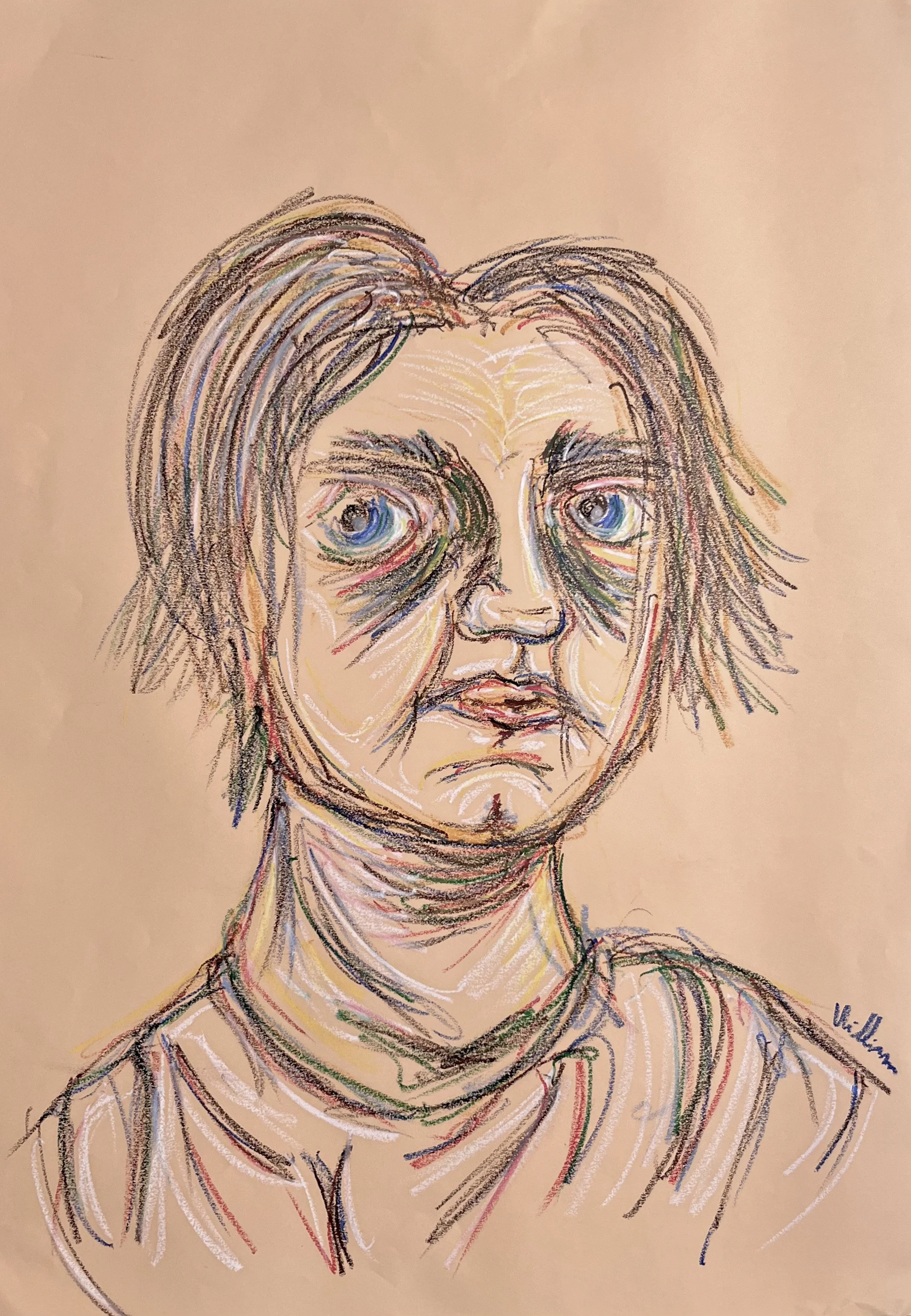 Self-portrait [1] - oil pastels on yellow sketching paper (70x50cm, 2025)