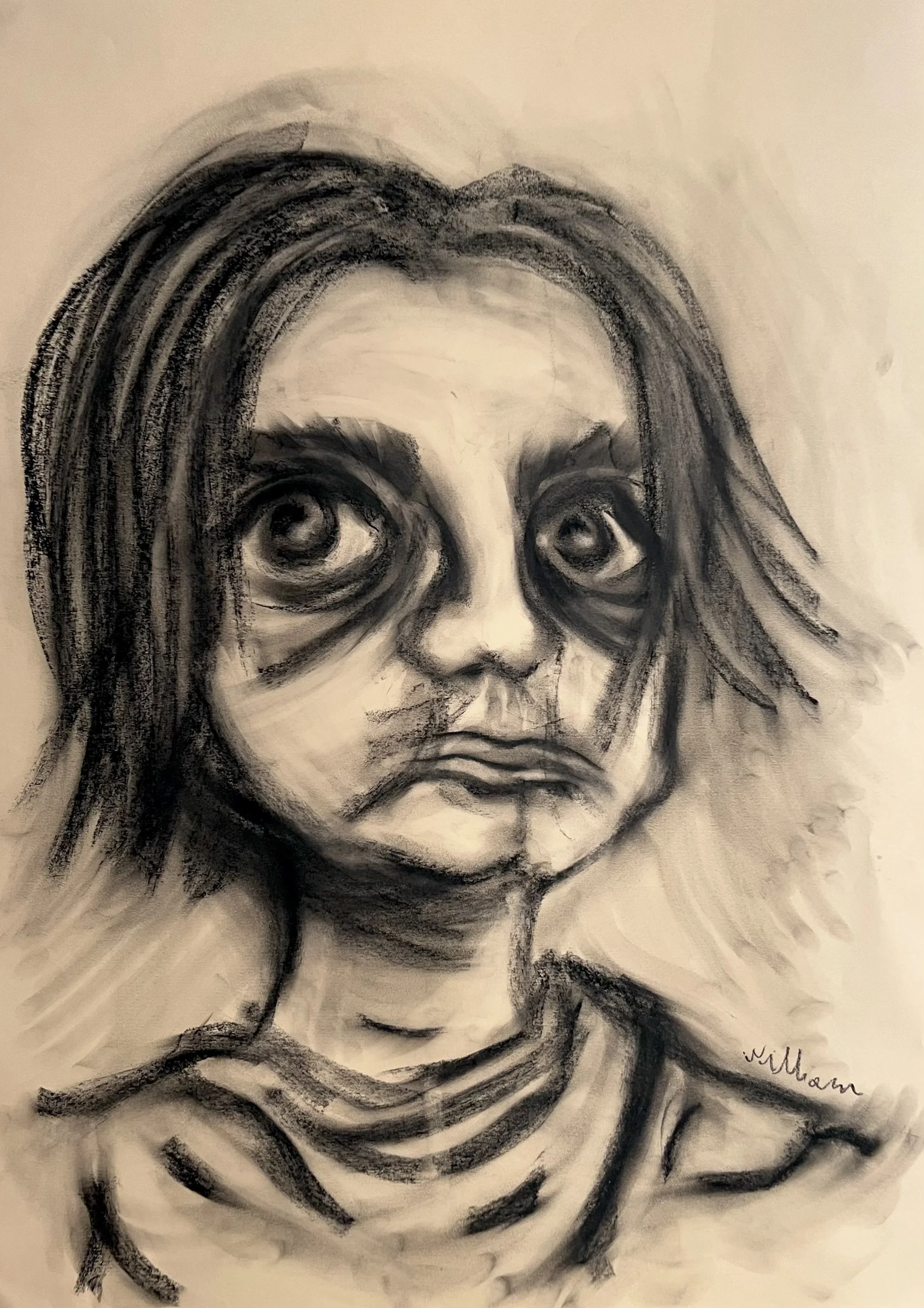 Self-portrait [8] - charcoal on yellow sketching paper (70x50cm, 2025)