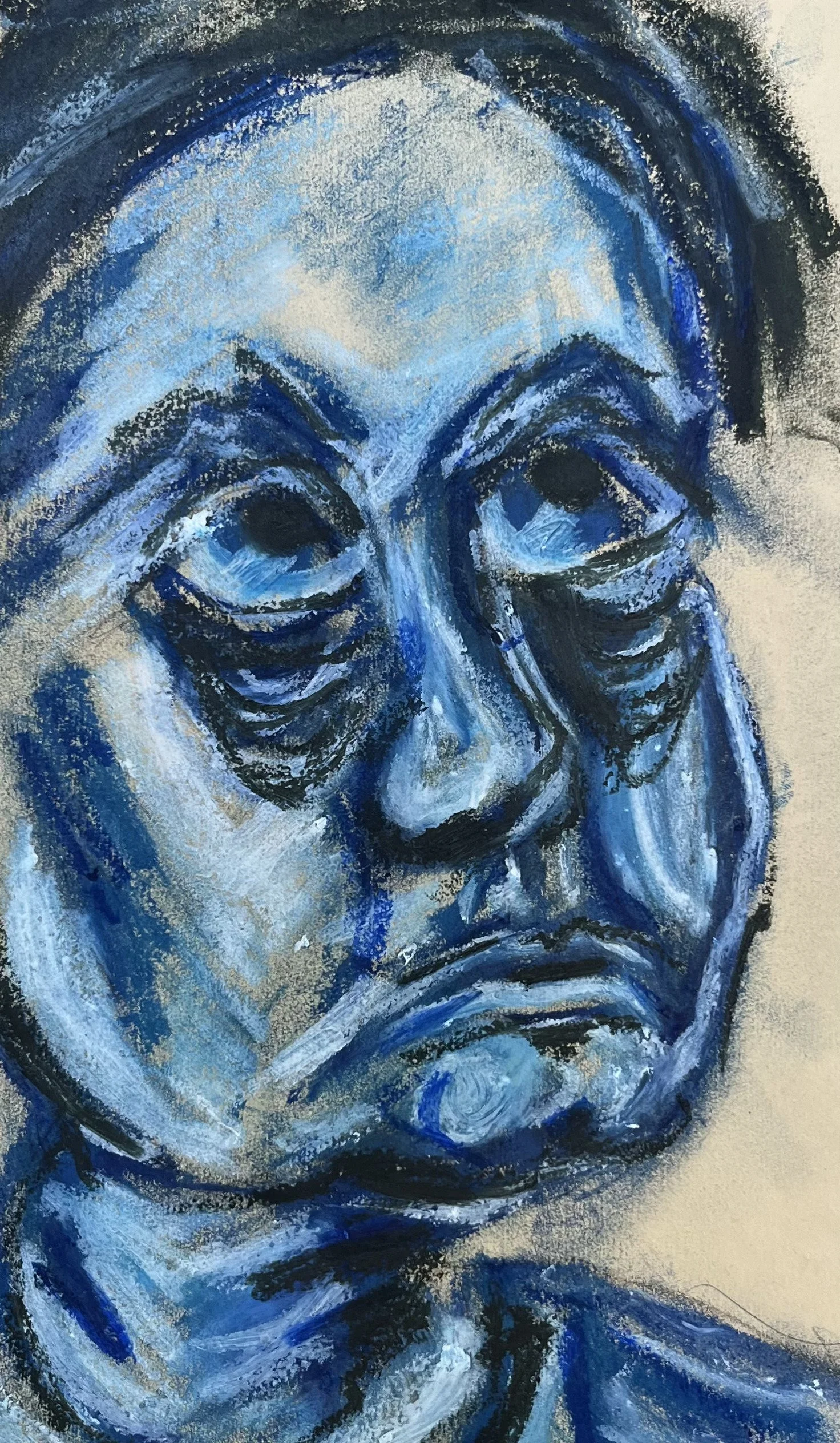 Self-portrait [12] - oil stick on yellow sketching paper (30x17,5cm, 2025)