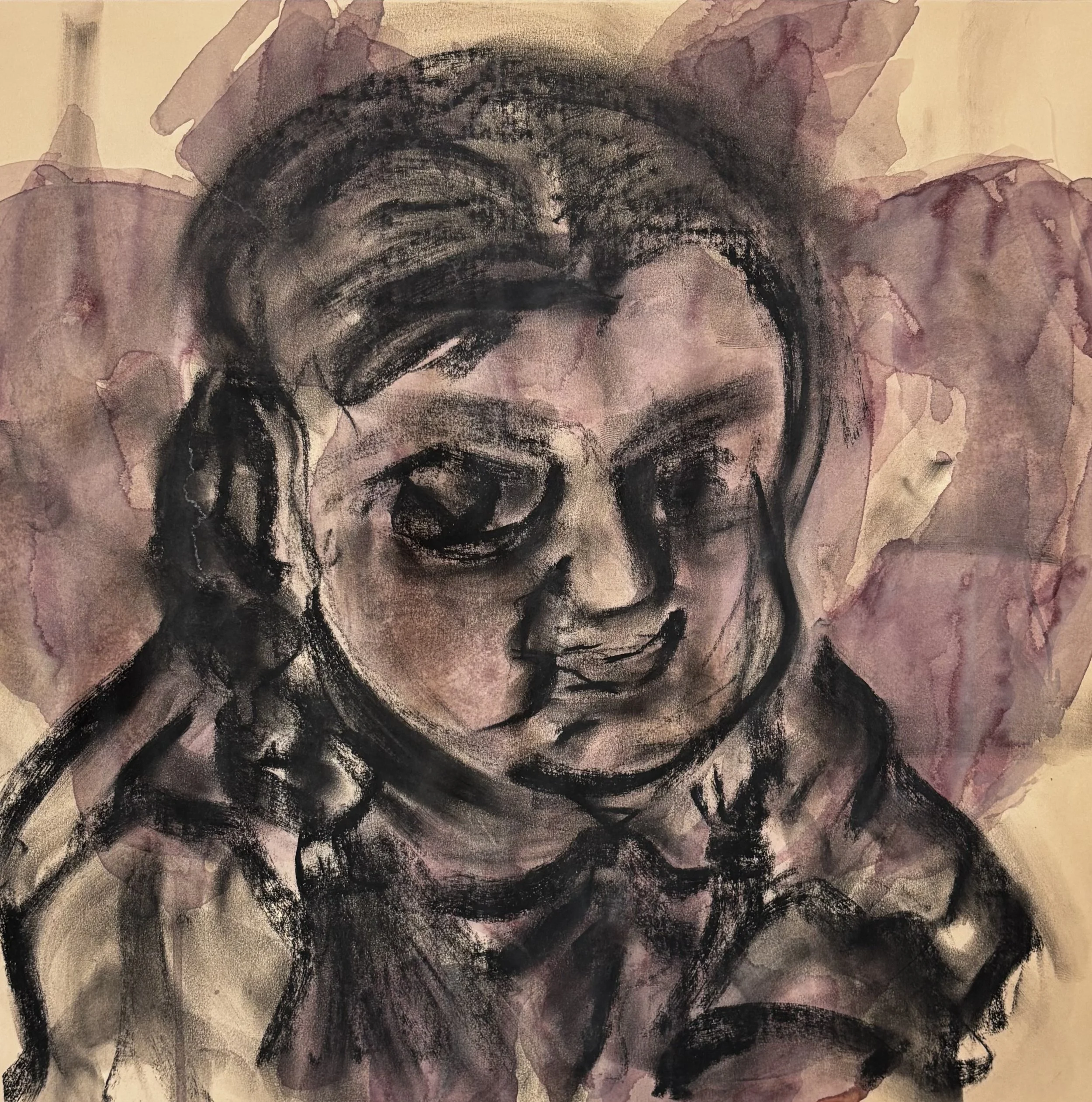 Omen - charcoal and wine on yellow sketching paper (32x32cm, 2026)