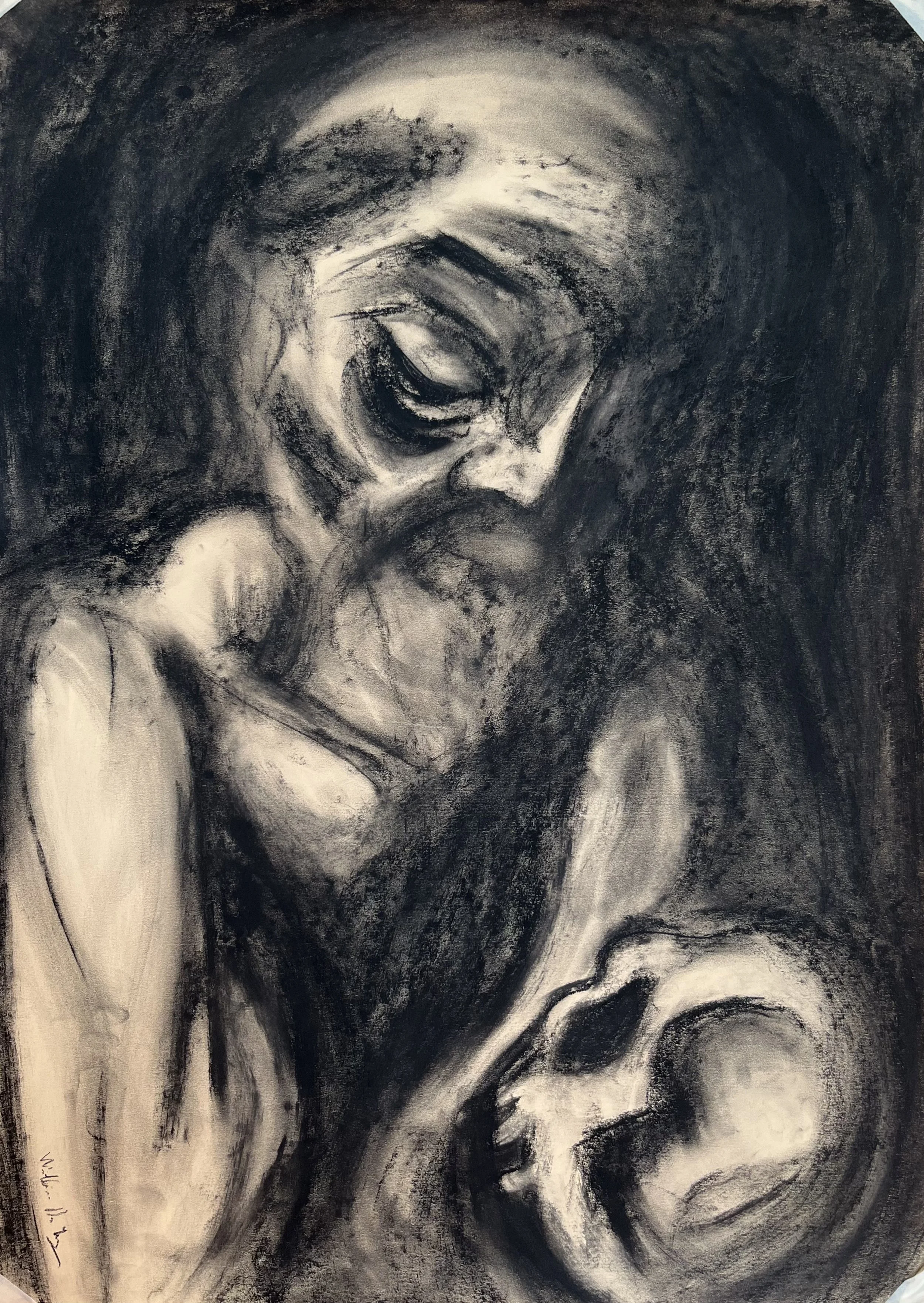 Saint Jerome in Meditation (study) - charcoal on yellow sketching paper (70x50cm, 2025)