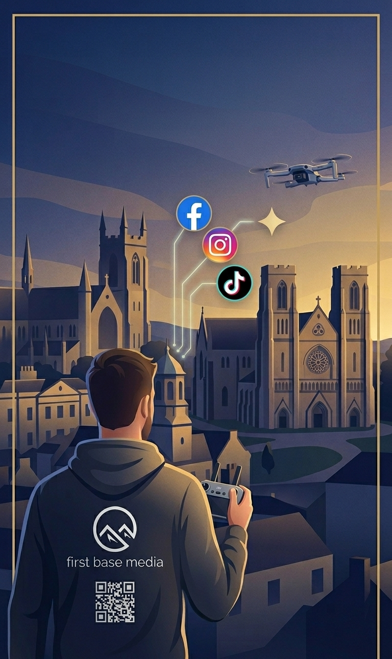 A person flying a drone over a cityscape with castles at sunset, and social media logos (Facebook, Instagram, TikTok) in the sky.