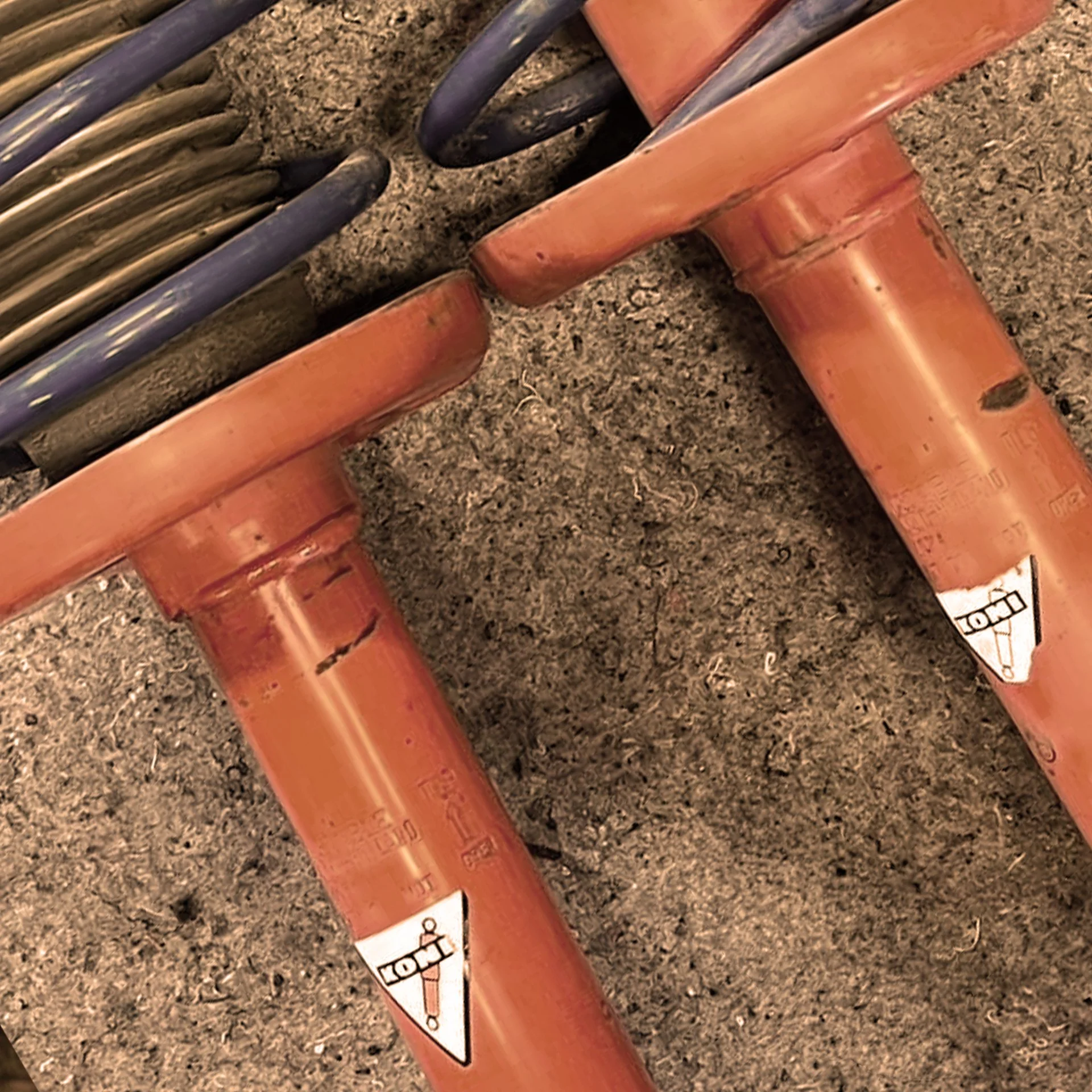 Close-up of orange PVC pipes and a metal sprinkler head on dirt ground.