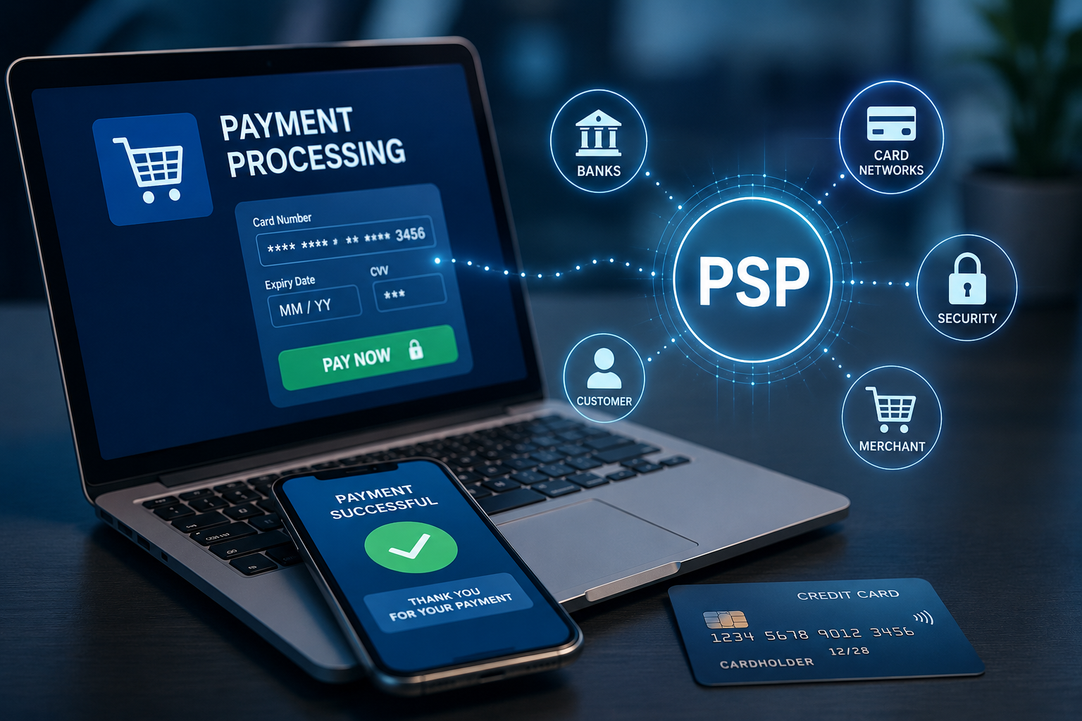 Payment Service Provider (PSP) processing secure online payments between customers, merchants, banks and card networks.