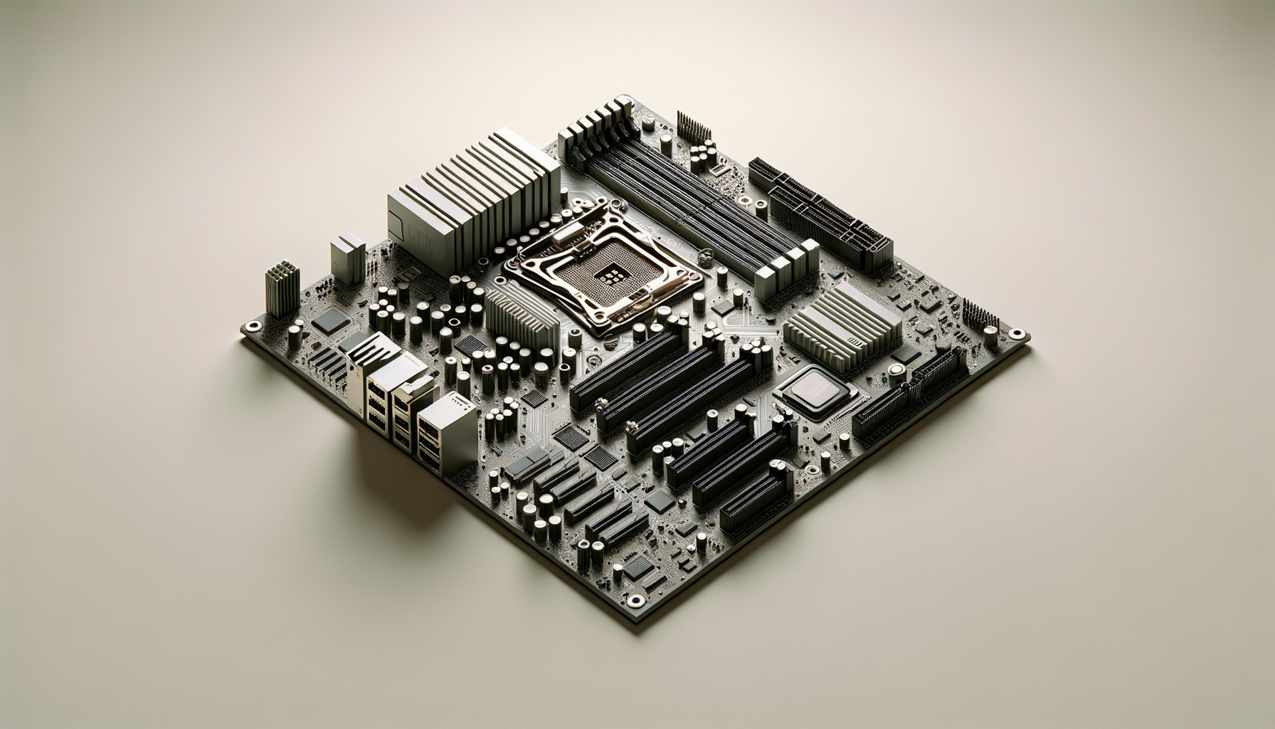 An industrial computer motherboard with various slots, ports, and components on a plain surface.