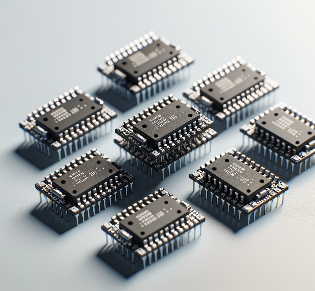 Multiple microcontroller chips arranged on a light blue surface.