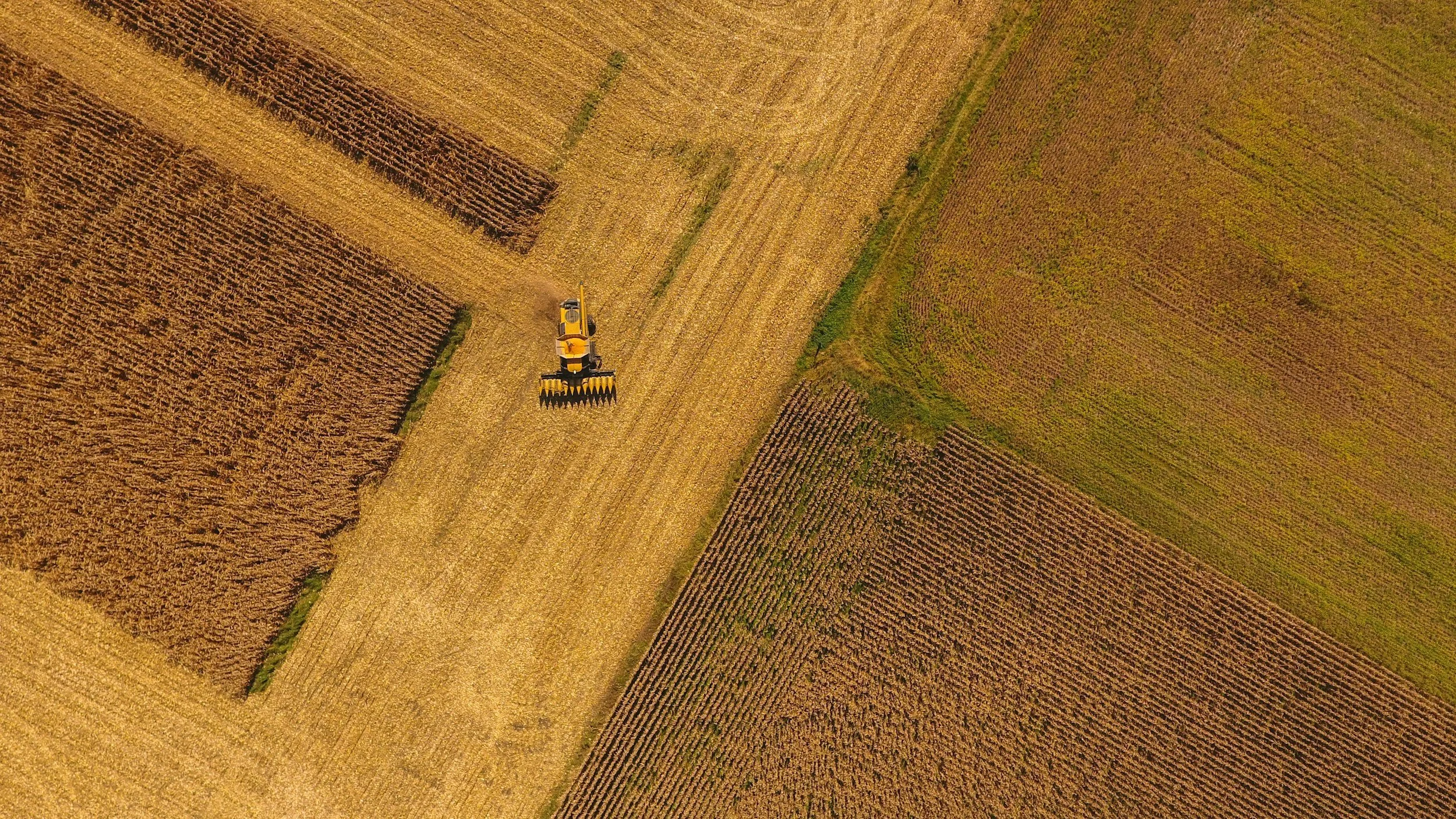 Aerial view of farmland with a yellow harvesting vehicle on a dirt path, surrounded by fields of crops in various stages of growth.