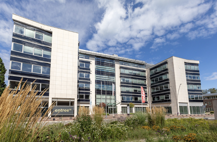 Modern multi-story office building with glass windows and a sign that reads 'entry11'; landscaped area with grass and flowers in front, under a partly cloudy sky.