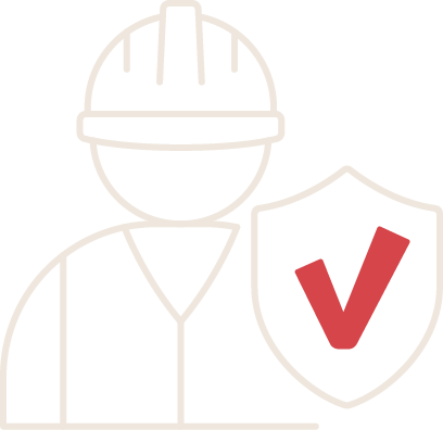 Outline illustration of a construction worker wearing a hard hat and a shield with a red check mark.
