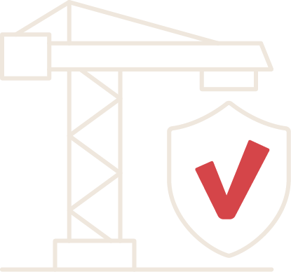 Construction crane with a shield featuring a red checkmark indicating safety or security.