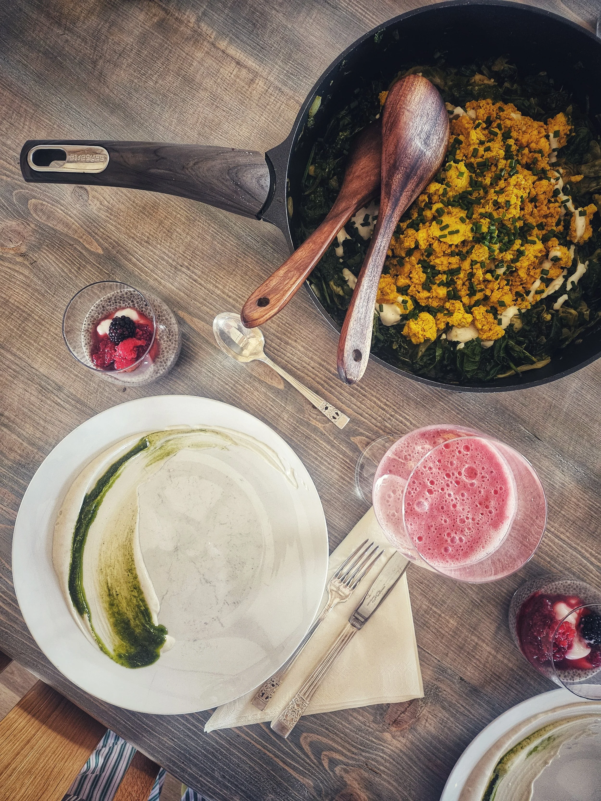 tofu scramble, chia pudding, raspberry smoothie