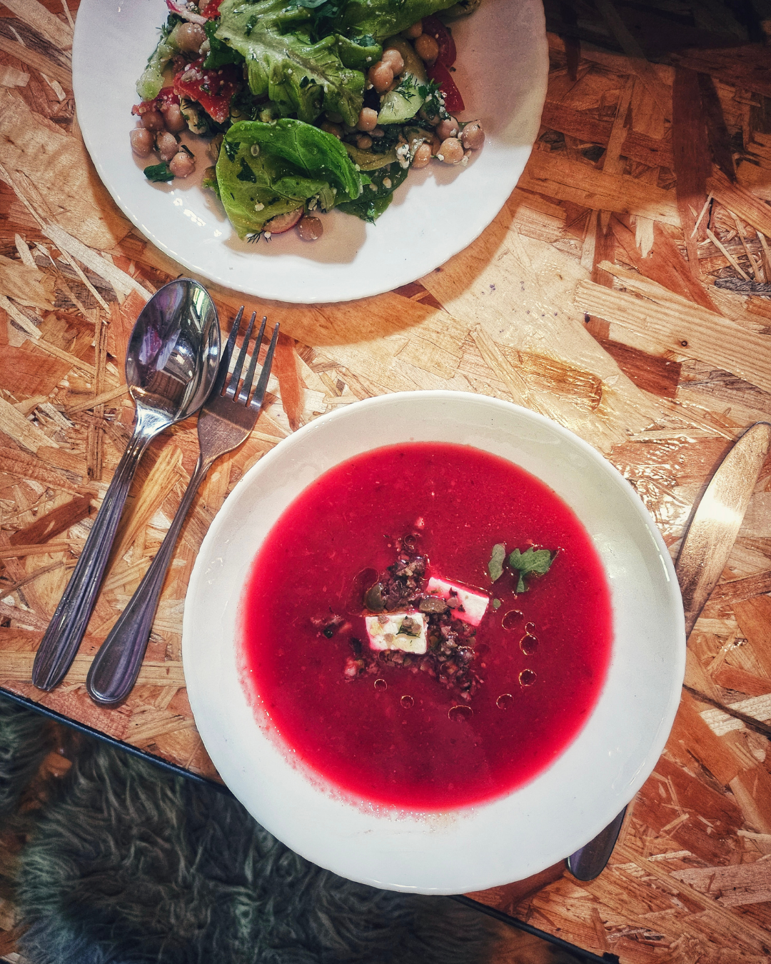 Beetroot soup, "feta" and olive gremolata