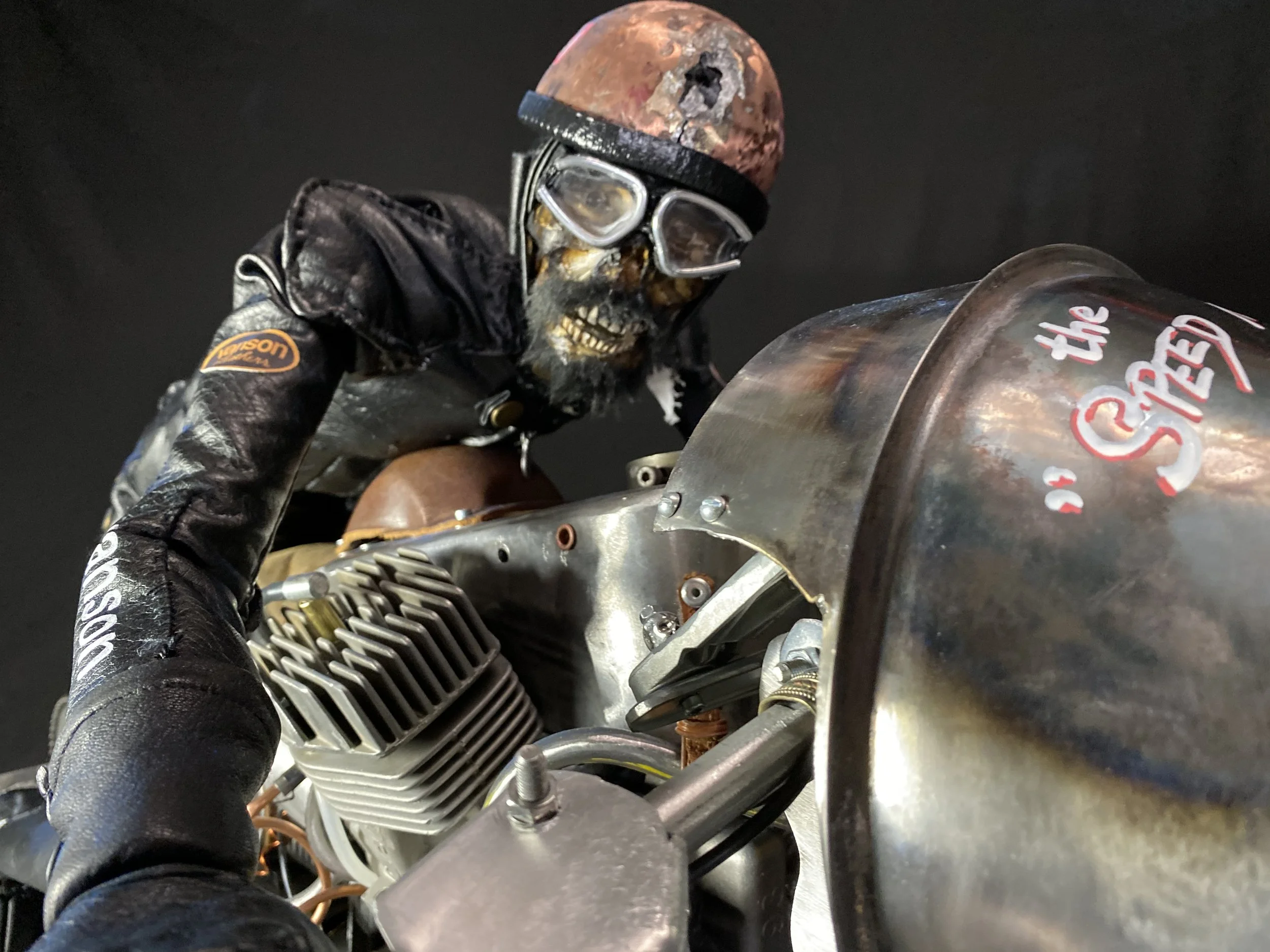 A skeleton wearing sunglasses and a pink helmet riding a motorcycle with a metallic sidecar labeled 'the sprayed' against a black background.