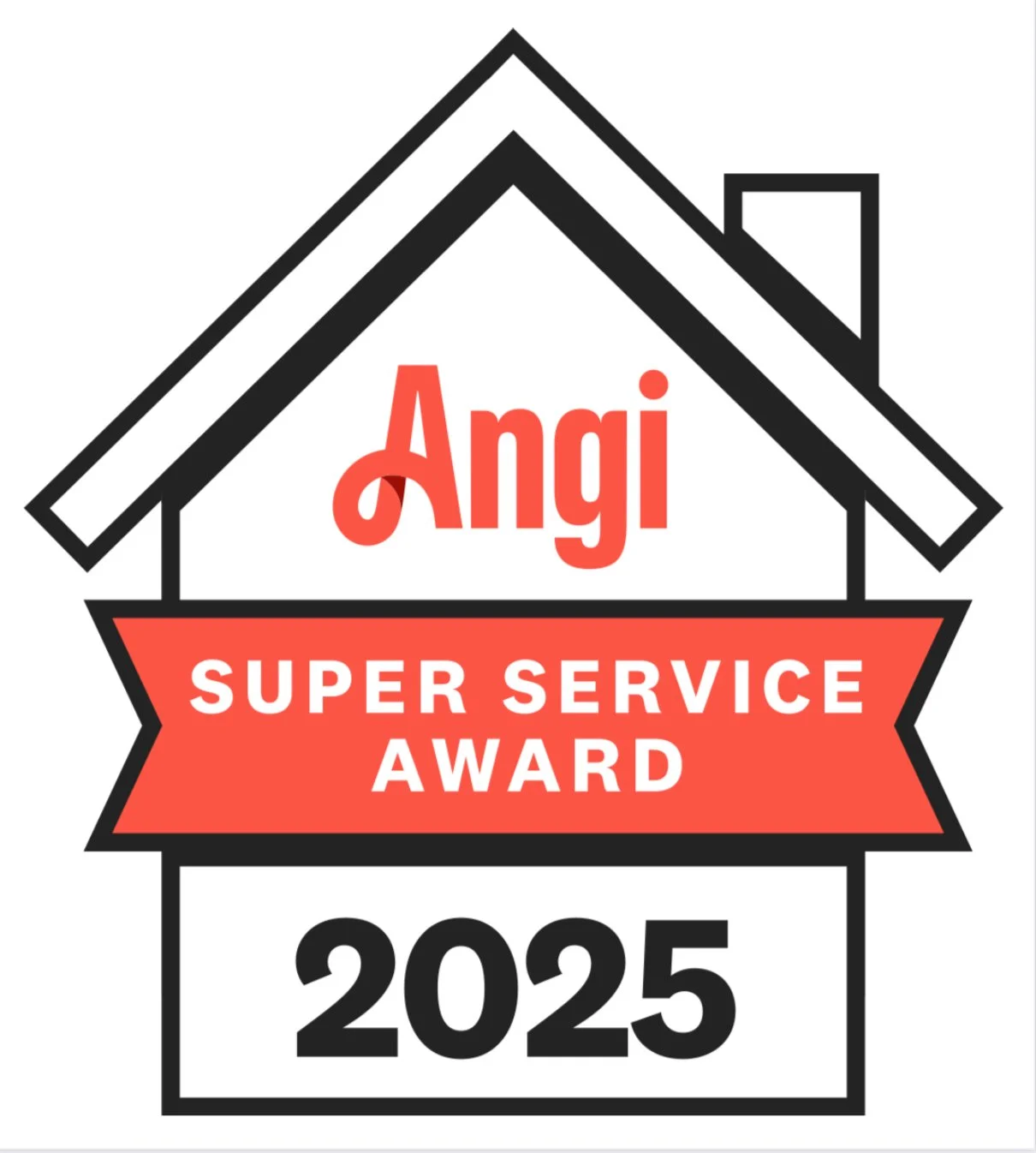 Logo for Angi's Super Service Award in 2025, featuring a house outline with a roof, a chimney, and a banner with the award name.