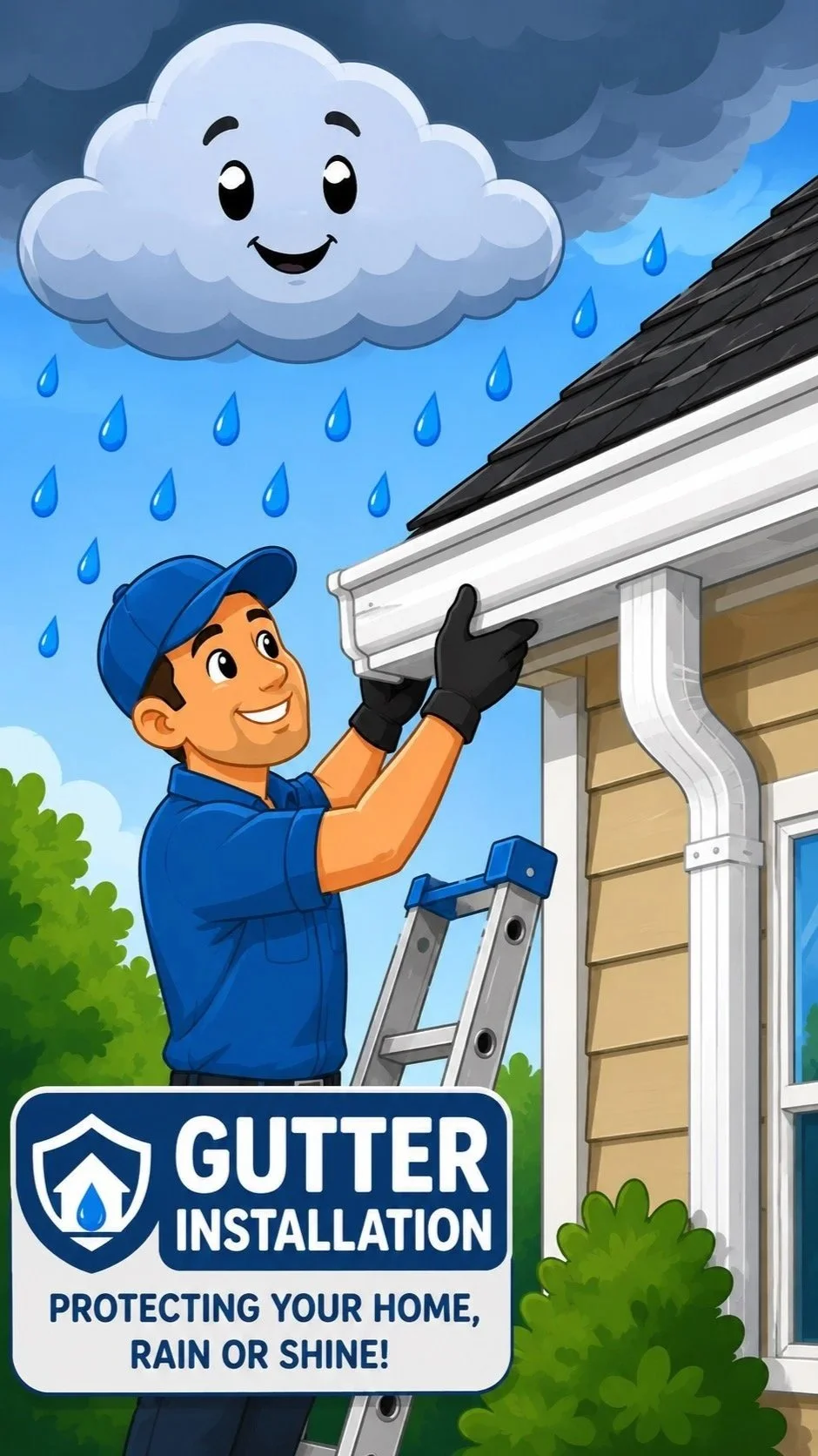 An illustration of a gutter installation worker on a ladder fixing the gutter on a house. A happy, smiling cloud with a face is raining blue raindrops in the sky. There is a sign that reads 'Gutter Installation, Protecting Your Home, Rain or Shine!'