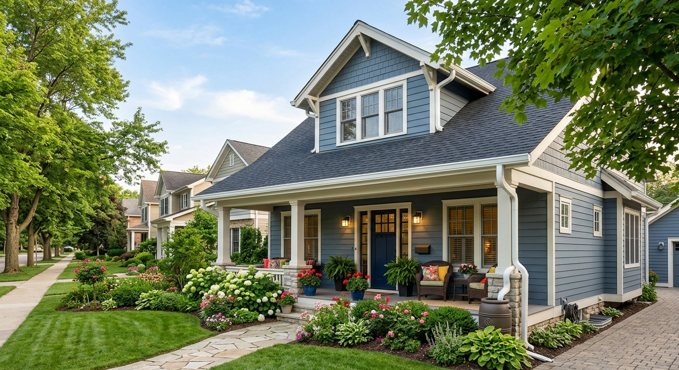 Front porch of a blue house with a well-maintained garden and sidewalk in a suburban neighborhood.