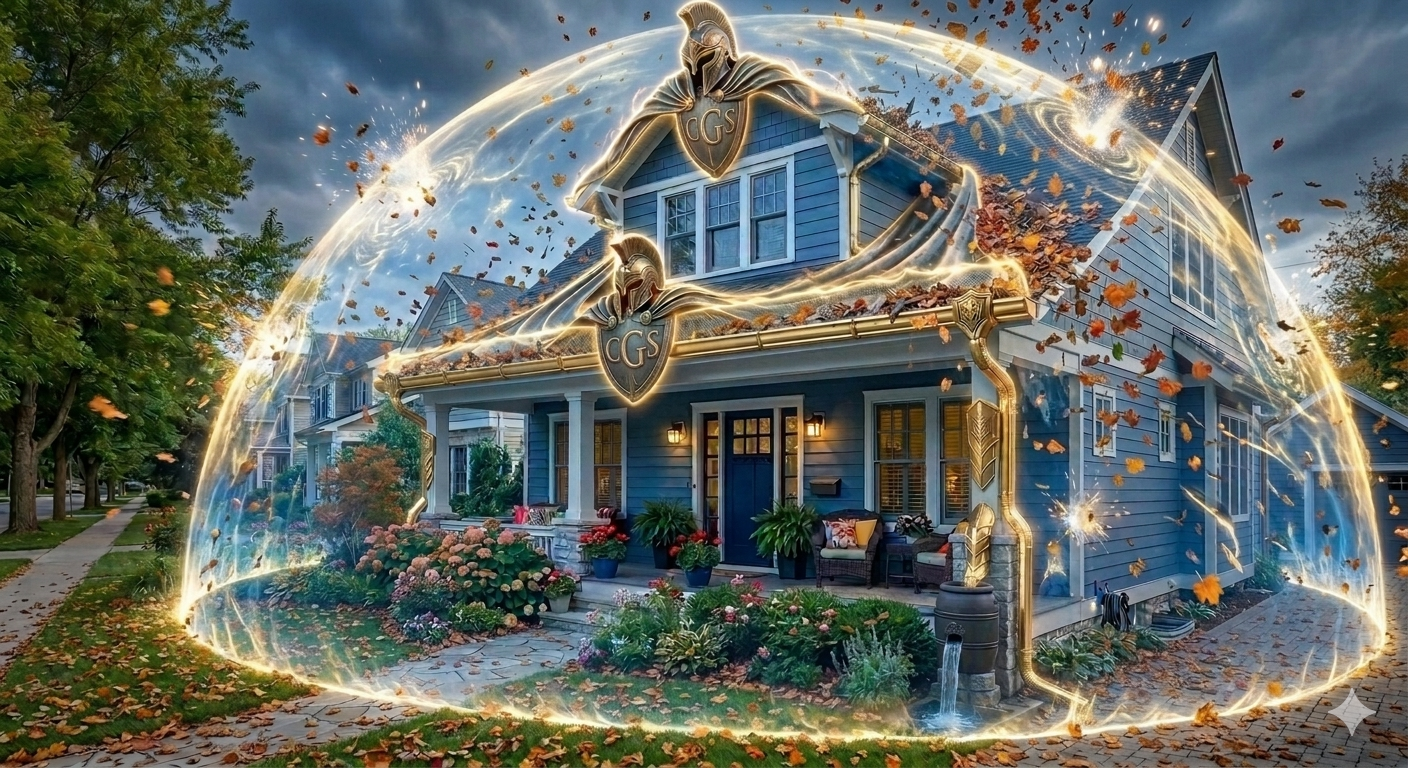 A cozy two-story house with blue siding, decorated for fall with pumpkins and flowers. A magical glow, sparkles, and swirling light surround the house, creating a fantastical scene.