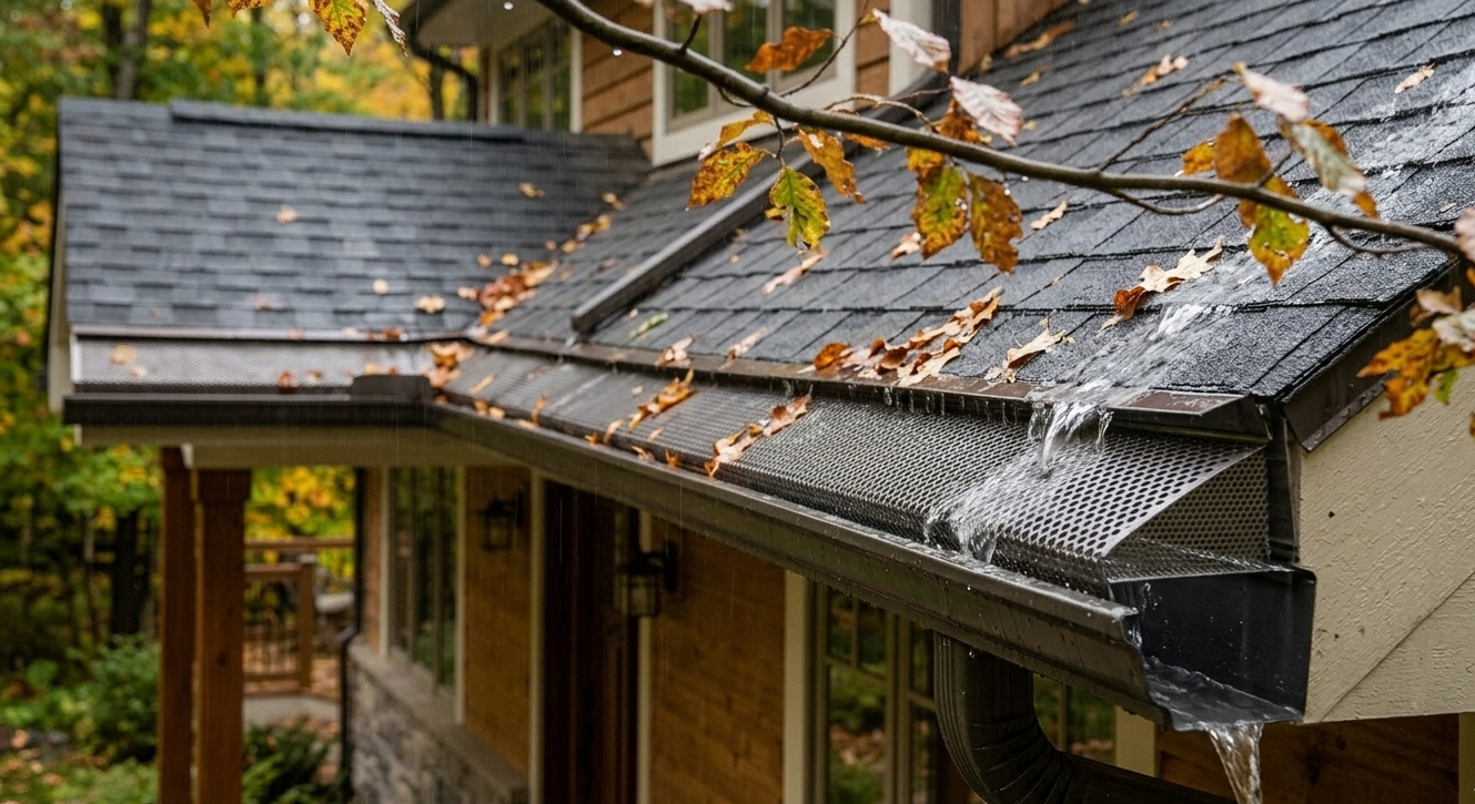 Close-up of a house's roof with black shingles, fallen autumn leaves, and water dripping from the gutter.