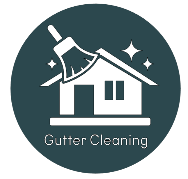 Icon of a house with a broom sweeping the roof, sparkles around, and the text 'Gutter Cleaning' below.