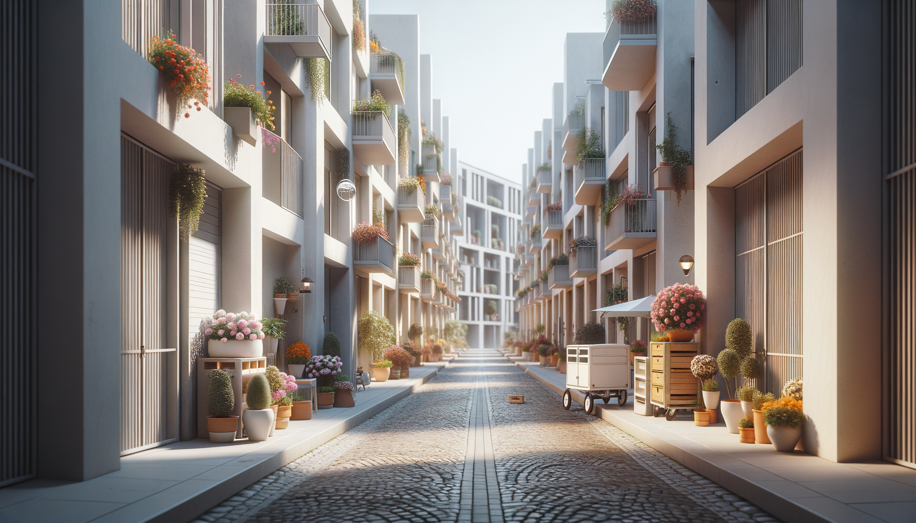 A narrow street lined with modern apartment buildings decorated with colorful flowers and plants on balconies and walkways, with a small cart and potted plants on the sidewalk.