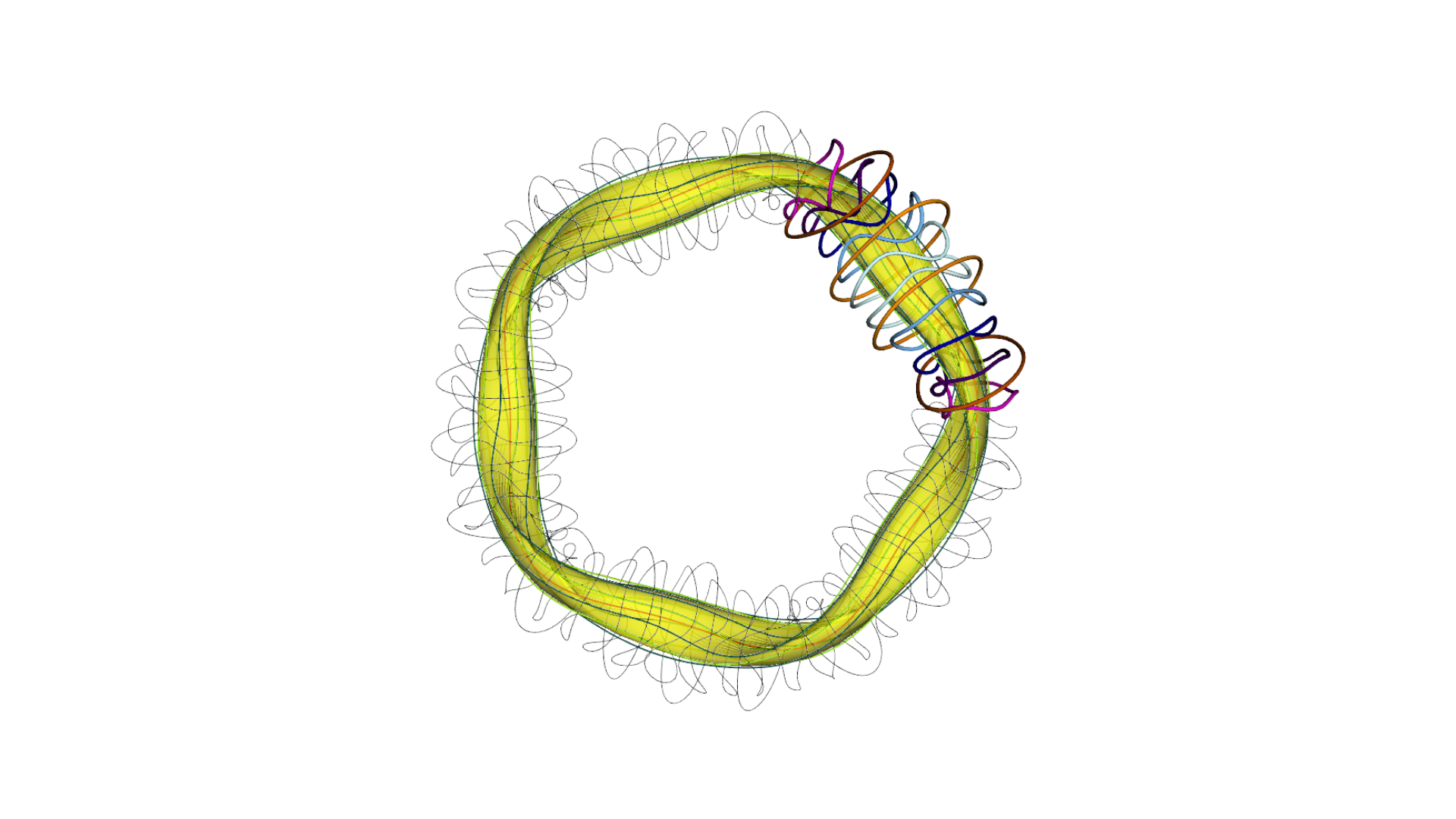 A colorful, digitally rendered structure resembling a twisted loop or torus with a yellow spiral tape wrapped around it, set against a black background.