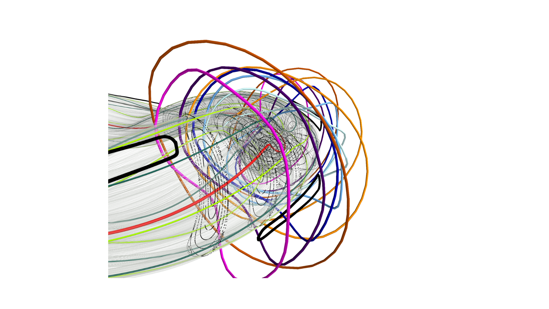 An abstract digital artwork composed of multicolored, overlapping, curved lines creating swirling, tunnel-like shapes with focus towards the center.