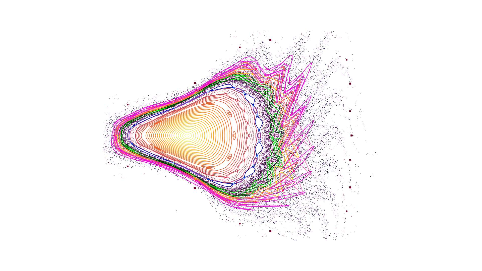 Colorful abstract digital art with a triple triangle shape in the center, surrounded by multicolored lines, curves, and small scattered particles against a black background.