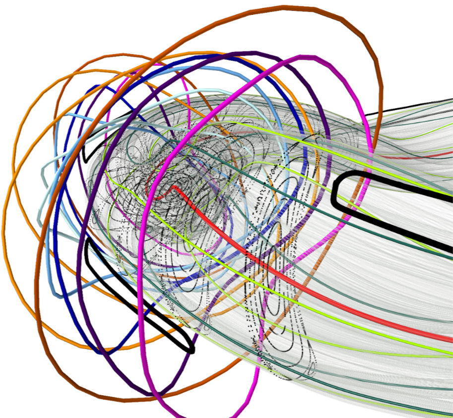 Abstract digital art featuring multicolored swirling lines and loops converging towards the center, with a gradient black background.