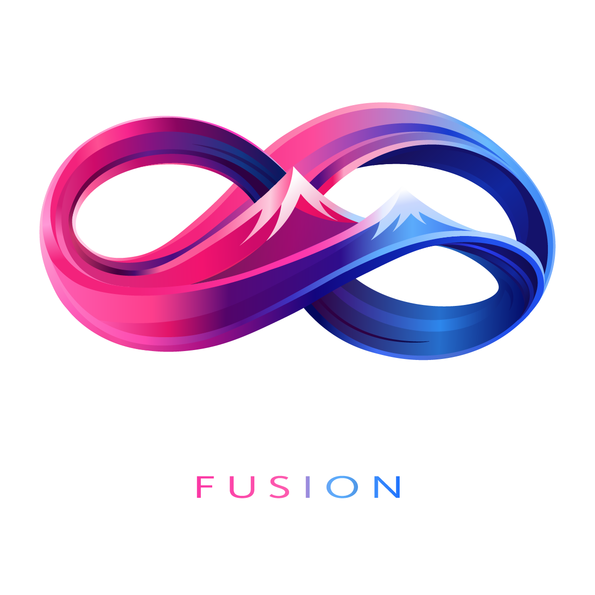 Abstract Möbius-strip-inspired infinity logo in pink and blue with the word “BergTop fusion” below.