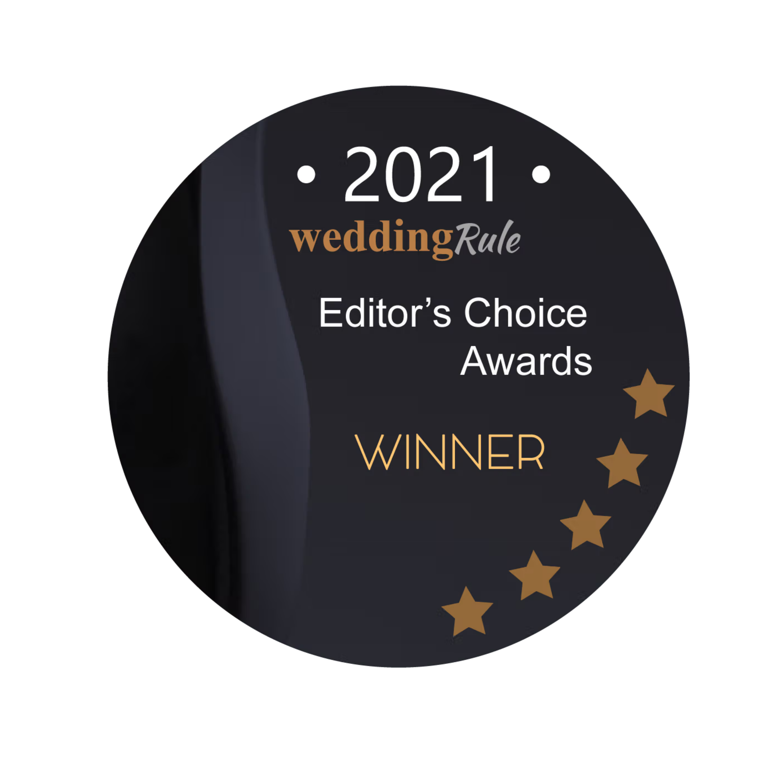 A black circular award badge with gold stars around the edge, highlighting the 2021 Wedding Rule Editor's Choice Award and indicating a winner.