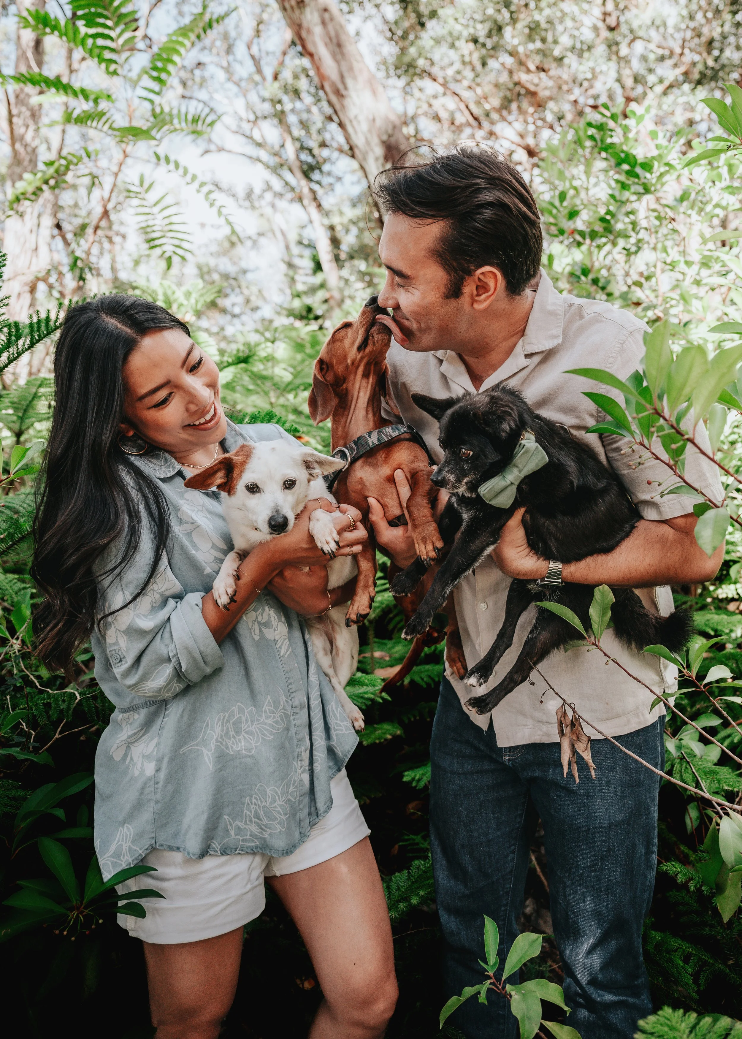 A man and a woman are outdoors in a lush green setting, holding and playing with three small dogs. The man is kissing one dog, while the woman is holding another dog and smiling. The scene is joyful and affectionate.