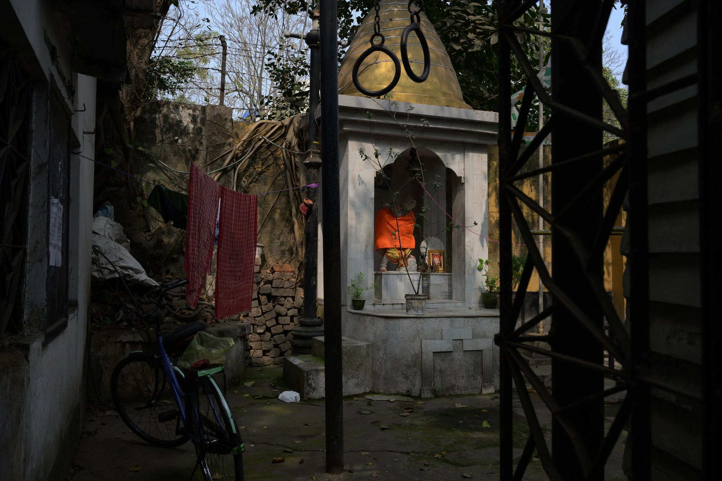 Small shrine with a white marble structure and a golden dome in a courtyard, with a photo and a small statue, surrounded by potted plants, a towel hanging to dry, a bicycle leaning against the wall, and a tree with tangled wires in the background.