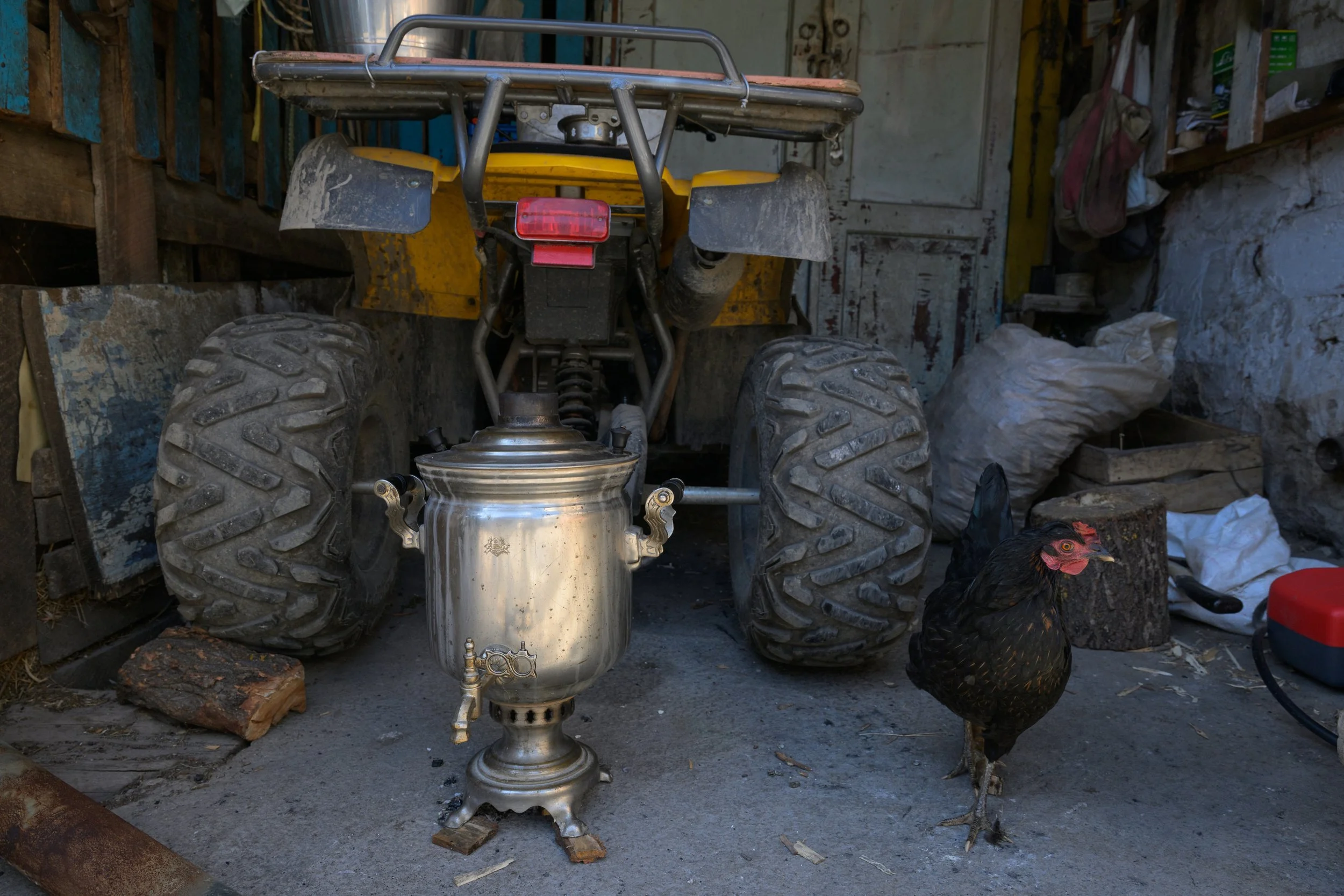 A chicken standing on the ground near a metal samovar, with a yellow quad bike behind it in a rustic shed or garage setting.