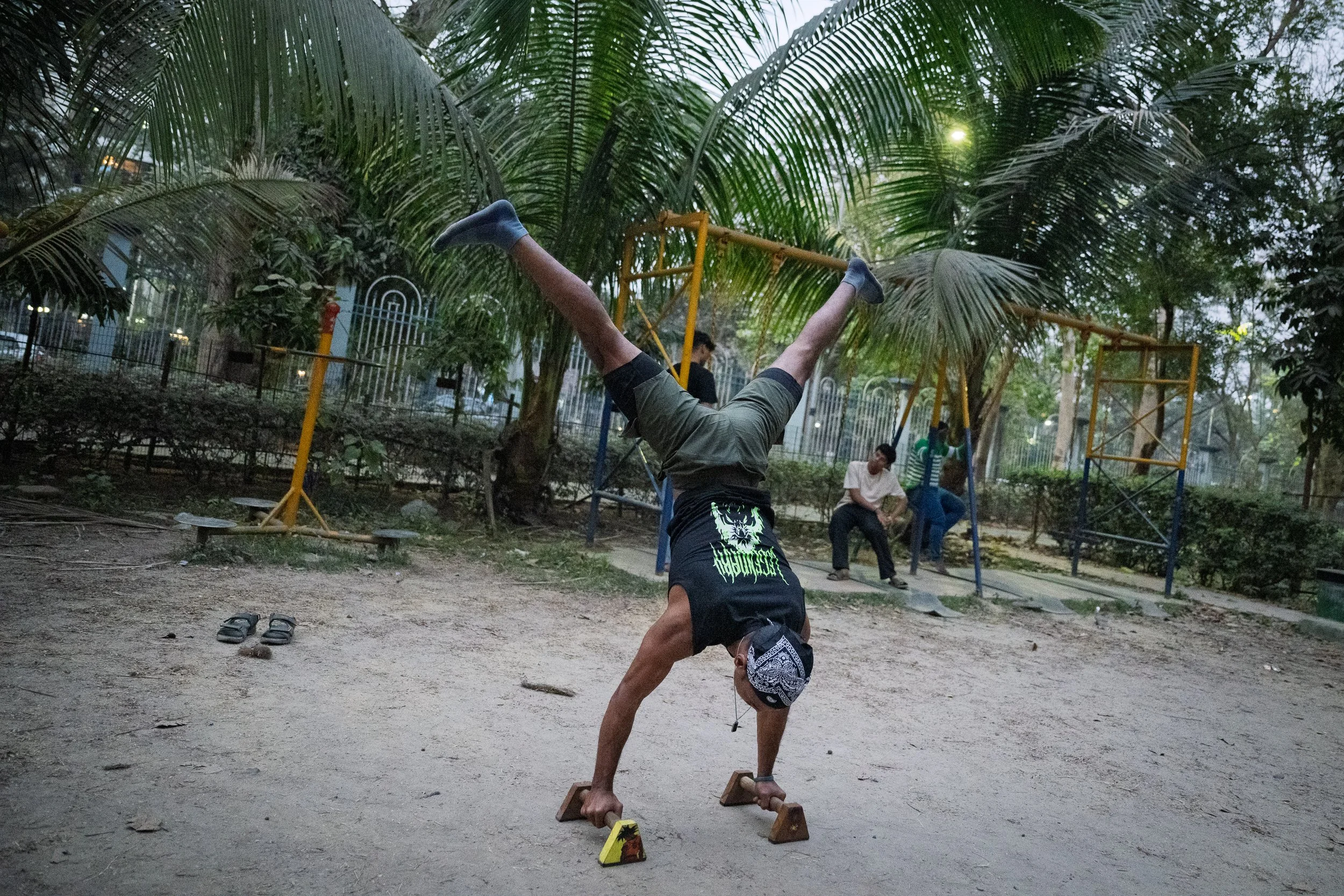 A man performing a handstand on push-up bars in a park with palm trees, while two people sit on a bench in the background during dusk.