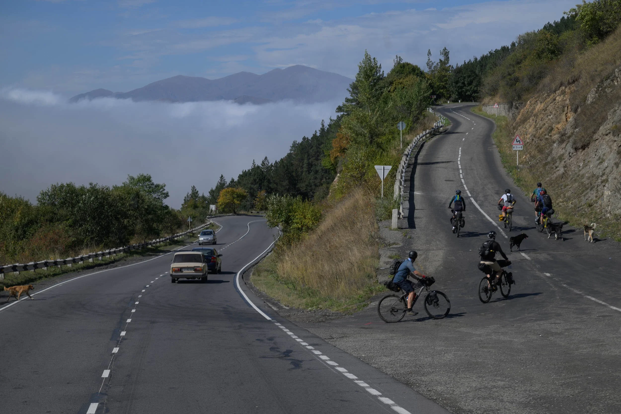 A scenic mountain road with a sharp curve, surrounded by green trees and shrubbery. Several cyclists and a few cars are traveling along the road, with some fog in the background and mountains visible through the fog.