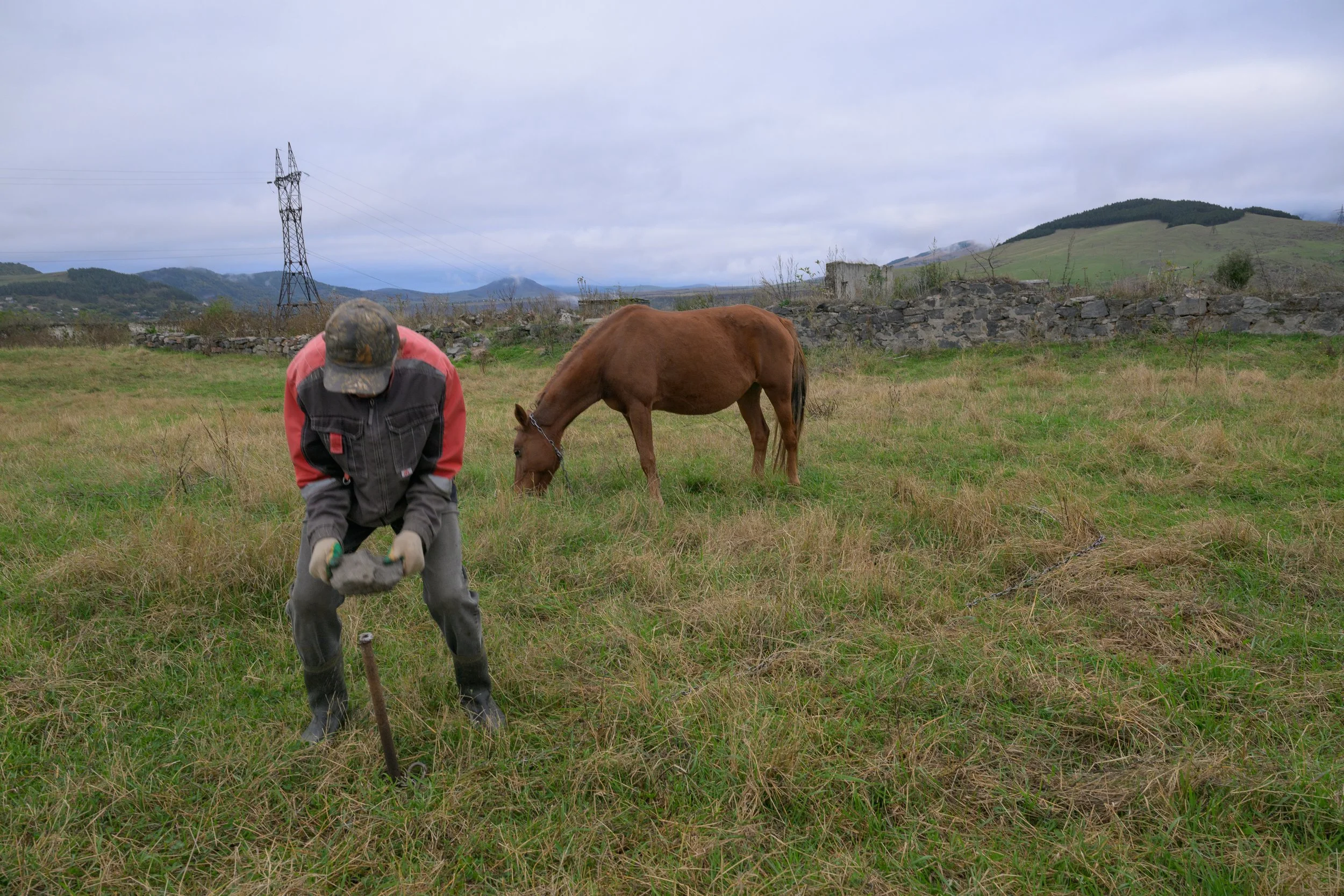 Farmer working in a grassy field with a pickaxe, a brown horse grazing nearby, stone walls, rolling hills in the background, overcast sky.