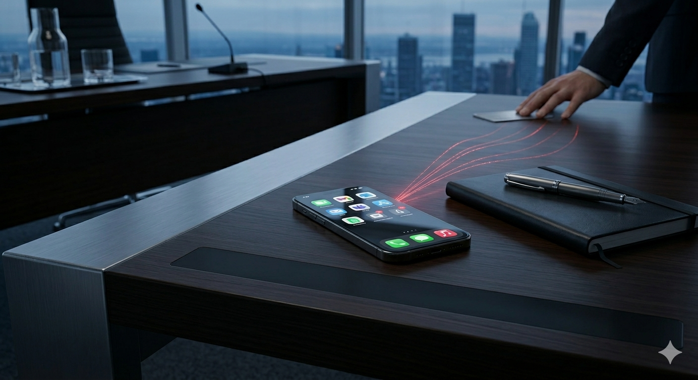 Exposed mobile device on a table in a corporate boardroom.