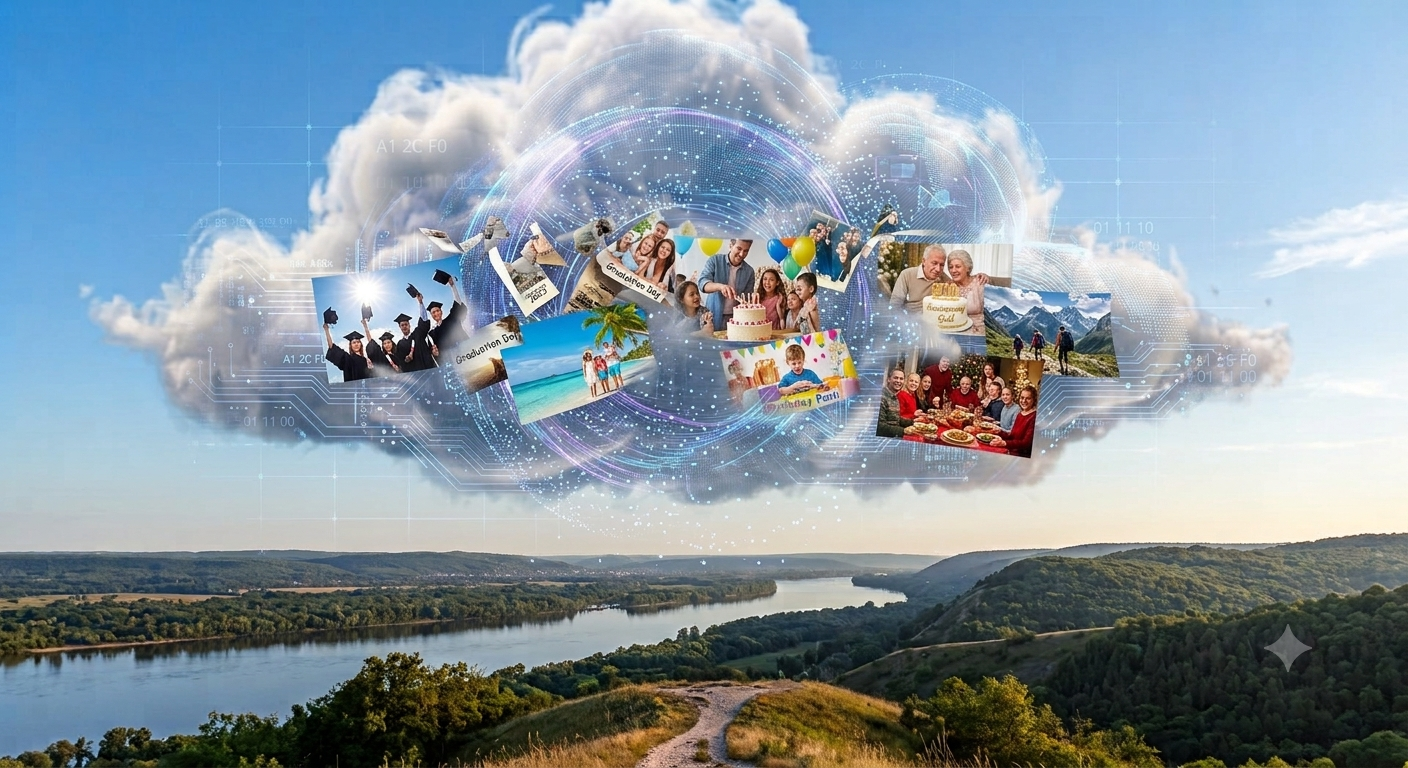 Panoramic river valley landscape under a partly cloudy sky, featuring a large, central cloud cluster holding a collage of personal photographs including graduates, families, hikers, and dinners.